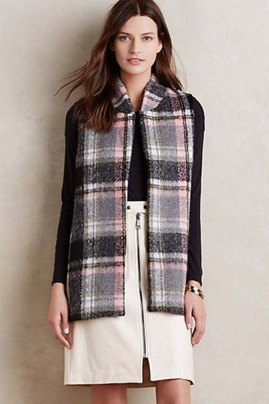 New Anthropologie Line DOT Highland Wool Vest SMALL Longline BLACK PINK GRAY